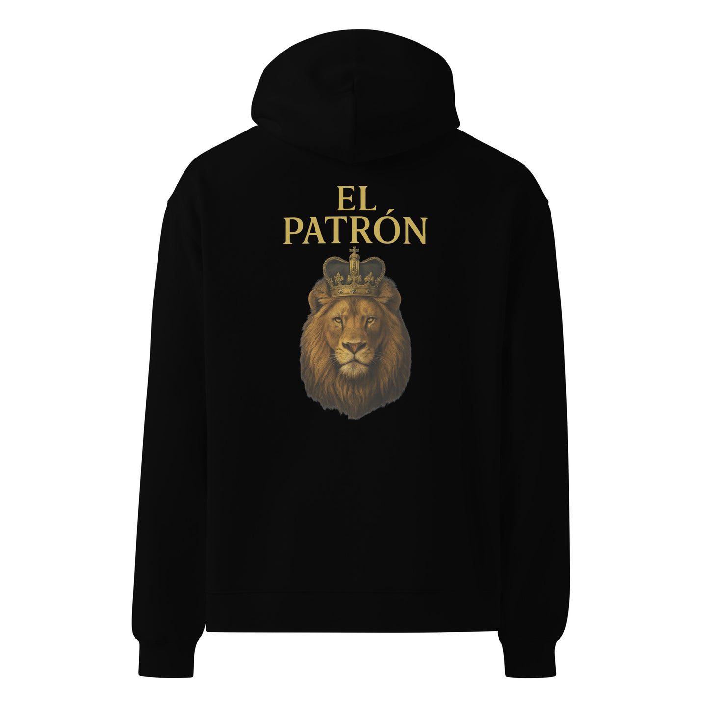 TRØBL hoodie ontwerp met goudgele tekst “El Patrón” boven een realistische leeuw met kroon, op zwarte achtergrond.