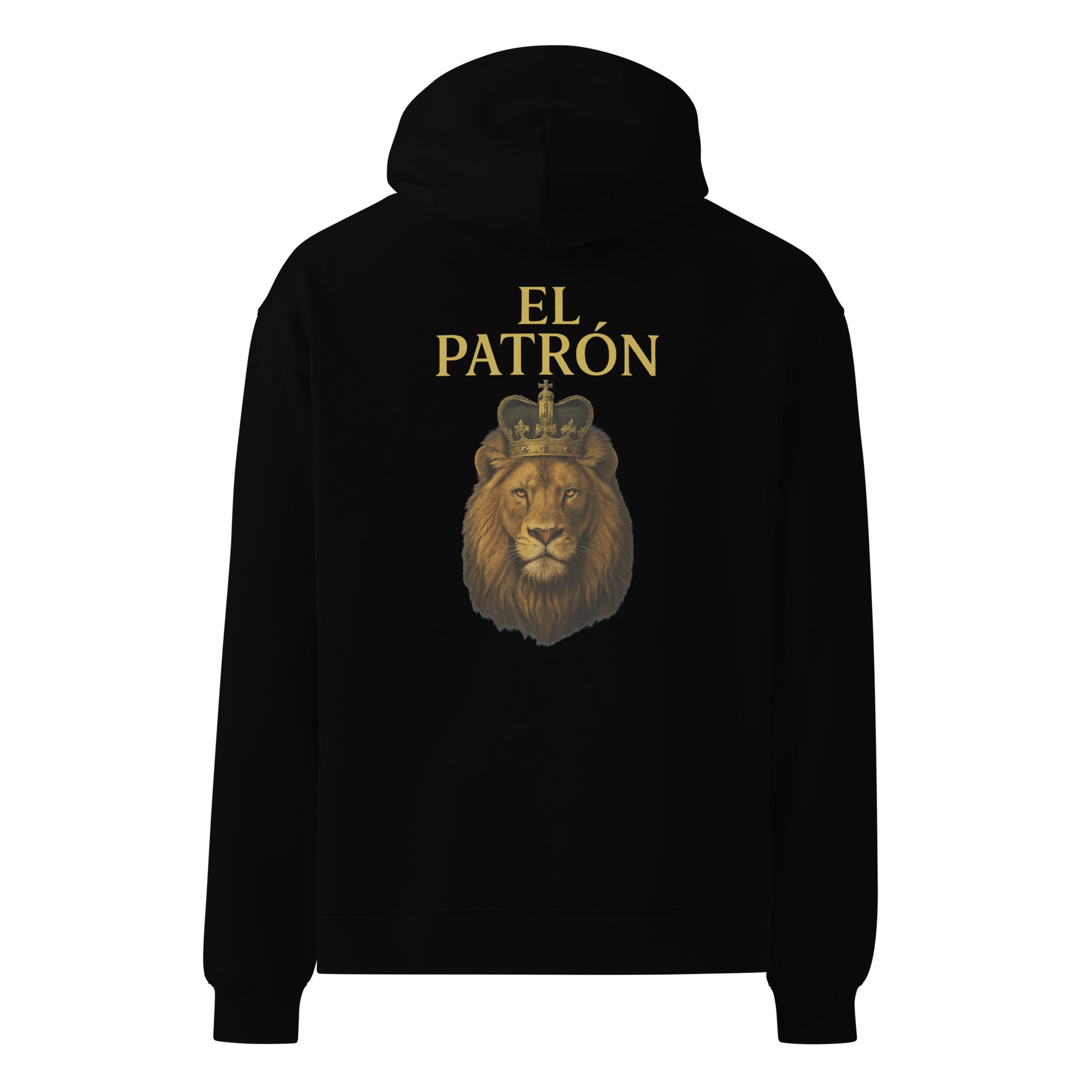 TRØBL hoodie ontwerp met goudgele tekst “El Patrón” boven een realistische leeuw met kroon, op zwarte achtergrond.
