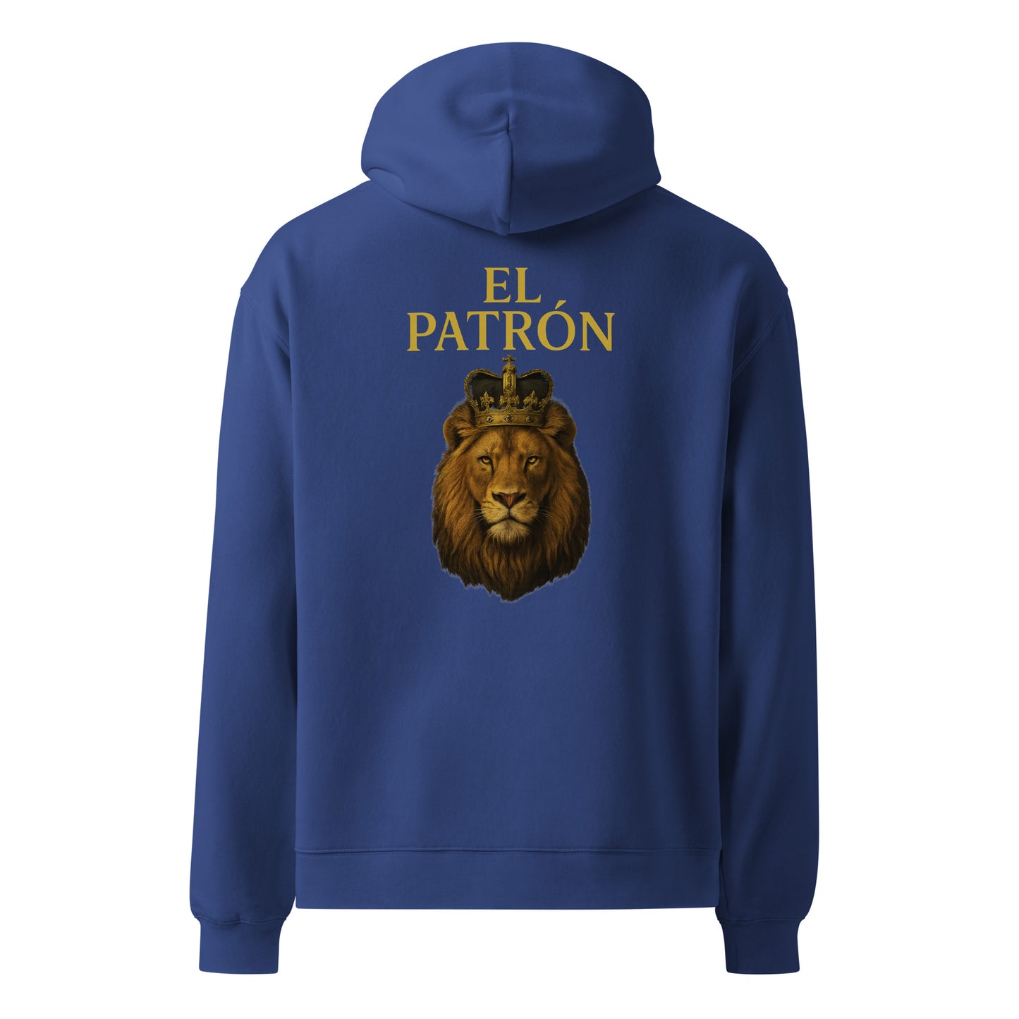 TRØBL hoodie ontwerp met goudgele tekst “El Patrón” boven een realistische leeuw met kroon, op zwarte achtergrond.