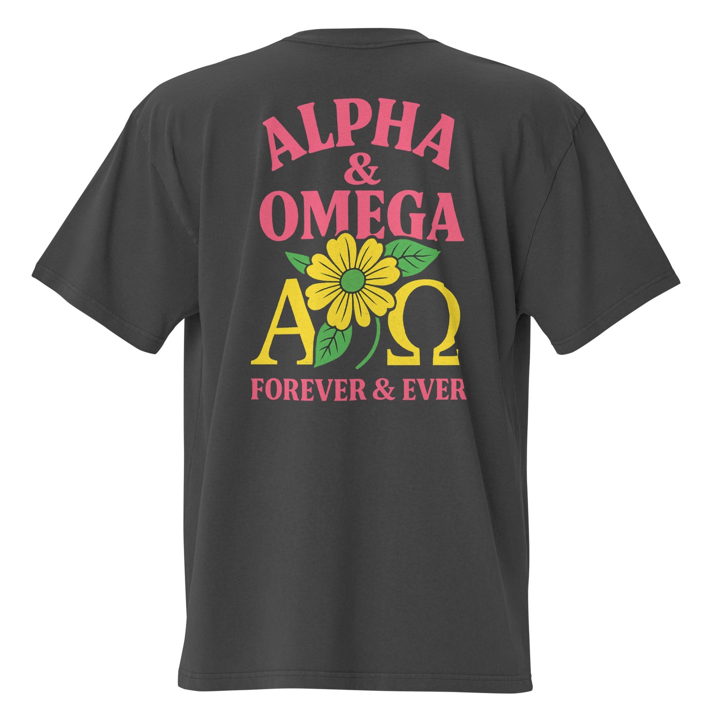 TRØBL oversized T-shirt van zwaar katoen met Alpha & Omega-ontwerp – krachtige en minimalistische streetwear met boxy fit en vintage uitstraling.