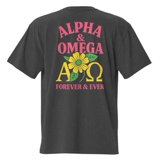 TRØBL oversized T-shirt van zwaar katoen met Alpha & Omega-ontwerp – krachtige en minimalistische streetwear met boxy fit en vintage uitstraling.