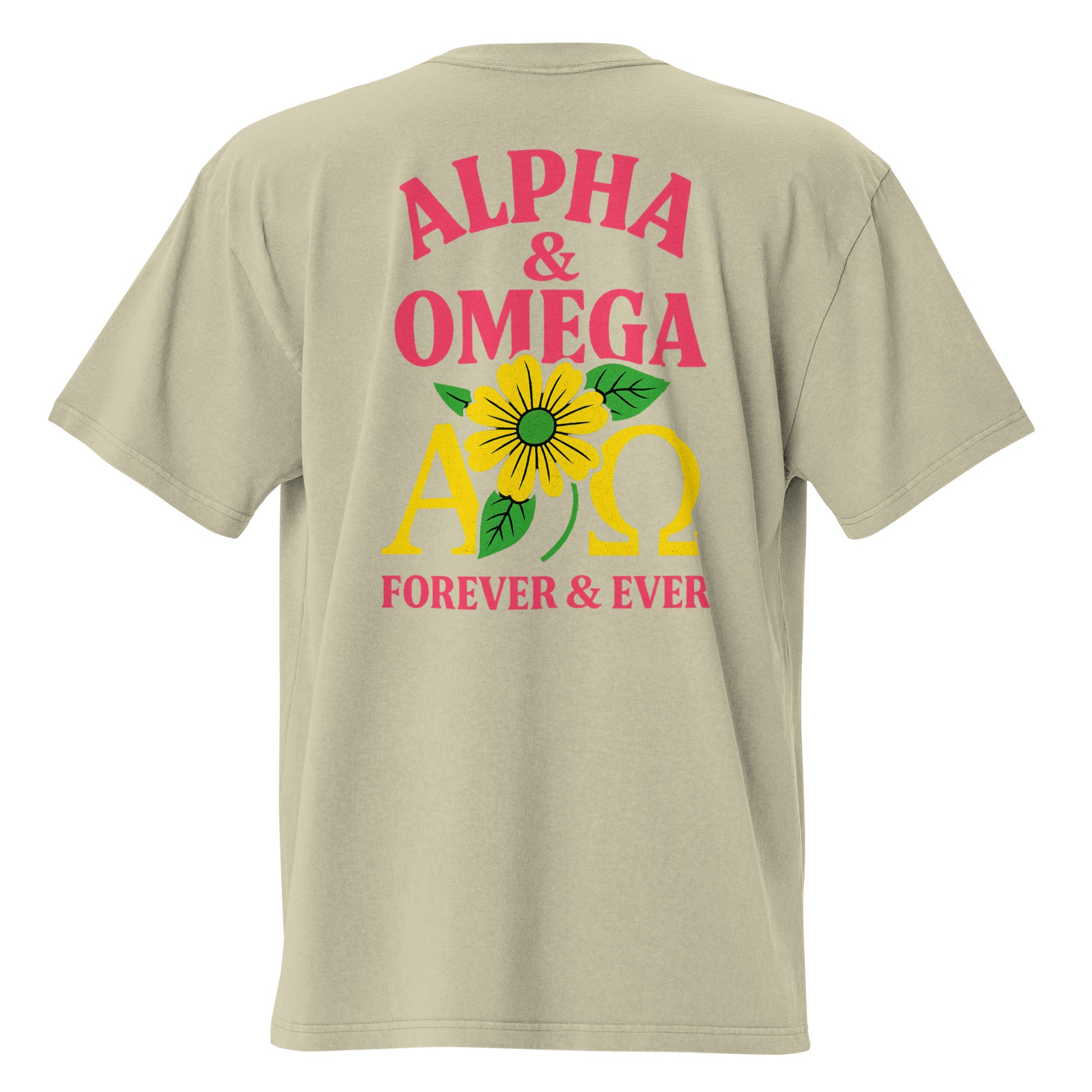 TRØBL oversized T-shirt van zwaar katoen met Alpha & Omega-ontwerp – krachtige en minimalistische streetwear met boxy fit en vintage uitstraling.